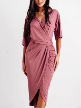 Baltic Born Mauve Pink Wrap Maxi Dress XL | Ruched Waist Flutter Sleeve